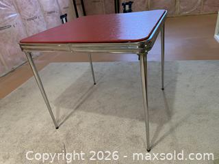 MaxSold Auction: Mid-Century Red Folding Card/Game Table with Chrome Trim - Belleville (Ontario, Canada) SELLER MANAGED Moving Online Auction - Covington Crescent