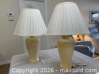 MaxSold Auction: Pair of Beige Ceramic Table Lamps with Fabric Shades - Belleville (Ontario, Canada) SELLER MANAGED Moving Online Auction - Covington Crescent