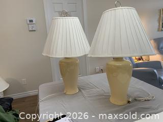 MaxSold Auction: Pair of Beige Ceramic Table Lamps with Fabric Shades - Belleville (Ontario, Canada) SELLER MANAGED Moving Online Auction - Covington Crescent