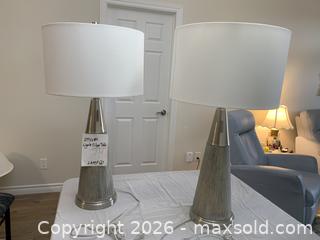 MaxSold Auction: Pair of Modern Brushed Nickel Table Lamps with White Drum Shades (Stylam) - Belleville (Ontario, Canada) SELLER MANAGED Moving Online Auction - Covington Crescent