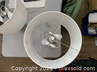 MaxSold Auction: Pair of Modern Brushed Nickel Table Lamps with White Drum Shades (Stylam) - Belleville (Ontario, Canada) SELLER MANAGED Moving Online Auction - Covington Crescent