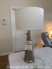 MaxSold Auction: Pair of Modern Brushed Nickel Table Lamps with White Drum Shades (Stylam) - Belleville (Ontario, Canada) SELLER MANAGED Moving Online Auction - Covington Crescent