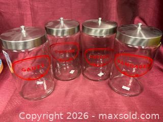 MaxSold Auction: Set of 4 Merco Glass Apothecary Jars with Red Decal - Renfrew (Ontario, Canada) SELLER MANAGED Downsizing Online Auction - Plaunt Street