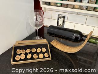 MaxSold Auction: Juvale Wine Glass Charms, Vintage Burl Wood Balance Fulcrum Wine Rack, & Sailboat Etched Wine Glass - San Jose (California, USA) SELLER MANAGED Estate Sale Online Auction - South 16th Street