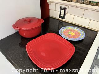 MaxSold Auction: Vintage Red Glaze Covered Casserole Dish, Fiesta Platter, & Sango Sangria Pears Sue Zipkin Plate  - San Jose (California, USA) SELLER MANAGED Estate Sale Online Auction - South 16th Street