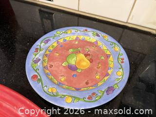 MaxSold Auction: Vintage Red Glaze Covered Casserole Dish, Fiesta Platter, & Sango Sangria Pears Sue Zipkin Plate  - San Jose (California, USA) SELLER MANAGED Estate Sale Online Auction - South 16th Street