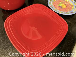 MaxSold Auction: Vintage Red Glaze Covered Casserole Dish, Fiesta Platter, & Sango Sangria Pears Sue Zipkin Plate  - San Jose (California, USA) SELLER MANAGED Estate Sale Online Auction - South 16th Street