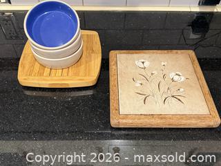 MaxSold Auction: Vintage White Floral Ceramic Tile and Golden Wood Cutting Board Tray Server Trivet, Ceramic Saucer Crock, & More! - San Jose (California, USA) SELLER MANAGED Estate Sale Online Auction - South 16th Street