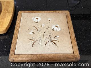 MaxSold Auction: Vintage White Floral Ceramic Tile and Golden Wood Cutting Board Tray Server Trivet, Ceramic Saucer Crock, & More! - San Jose (California, USA) SELLER MANAGED Estate Sale Online Auction - South 16th Street