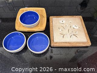 MaxSold Auction: Vintage White Floral Ceramic Tile and Golden Wood Cutting Board Tray Server Trivet, Ceramic Saucer Crock, & More! - San Jose (California, USA) SELLER MANAGED Estate Sale Online Auction - South 16th Street