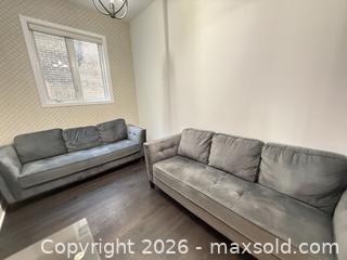 MaxSold Auction: Gray Velvet/Microsuede 3-Seater Sofas and Armchair - Richmond Hill (Ontario, Canada) SELLER MANAGED Moving Online Auction - Kent Matthew Street