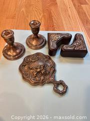 MaxSold Auction: Untested Sterling Silver Candle holders, Hand Mirror & Wood-Base Bookends - Sharon (Massachusetts, USA) SELLER MANAGED Reseller Online Auction - Pond Street