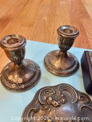 MaxSold Auction: Untested Sterling Silver Candle holders, Hand Mirror & Wood-Base Bookends - Sharon (Massachusetts, USA) SELLER MANAGED Reseller Online Auction - Pond Street