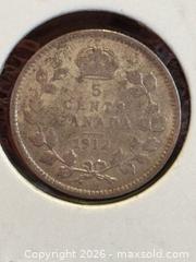 MaxSold Auction: 1912  Canada 5 Cent George V  Sterling Silver Five Cents - Aurora (Ontario, Canada) SELLER MANAGED Estate Sale Online Auction -  Closs Square
