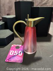 MaxSold Auction: Fine ribbed cranberry glass jar with brass spout , 4” tall  - Aurora (Ontario, Canada) SELLER MANAGED Estate Sale Online Auction -  Closs Square