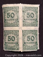 MaxSold Auction: MNH stamp block Overprint 50 Million , Weimar German Republic 1923 - Aurora (Ontario, Canada) SELLER MANAGED Estate Sale Online Auction -  Closs Square