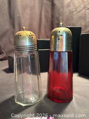 MaxSold Auction: Pair of antique Sugar Shakers , Muffineers , Cranberry and Clear Glass, approx 5” tall - Aurora (Ontario, Canada) SELLER MANAGED Estate Sale Online Auction -  Closs Square