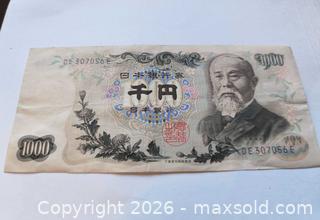 MaxSold Auction: 1000 Yen Note Mint Japanese Banknote  - Kingston (Ontario, Canada) SELLER MANAGED Downsizing Online Auction - Railway