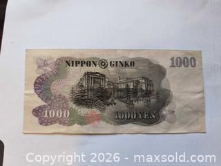 MaxSold Auction: 1000 Yen Note Mint Japanese Banknote  - Kingston (Ontario, Canada) SELLER MANAGED Downsizing Online Auction - Railway