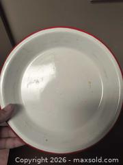 MaxSold Auction: Enameld Agateware Plate Bowl Dish White with Red  - Kingston (Ontario, Canada) SELLER MANAGED Downsizing Online Auction - Railway