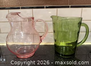 MaxSold Auction: Vintage Pink Depression Glass Pitcher with Ice Guard & Vintage/Retro Style Avocado Green Glass Drink Pitcher with Handle - San Jose (California, USA) SELLER MANAGED Estate Sale Online Auction - South 16th Street
