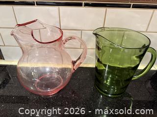 MaxSold Auction: Vintage Pink Depression Glass Pitcher with Ice Guard & Vintage/Retro Style Avocado Green Glass Drink Pitcher with Handle - San Jose (California, USA) SELLER MANAGED Estate Sale Online Auction - South 16th Street