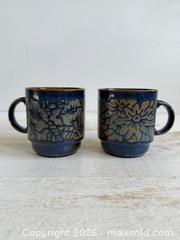 MaxSold Auction: Pair of Blue Glazed England Pottery Stacking Mugs with Flower Design  - Kingston (Ontario, Canada) SELLER MANAGED Downsizing Online Auction - Bishop Street