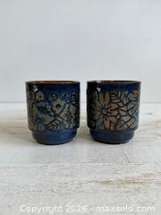 MaxSold Auction: Pair of Blue Glazed England Pottery Stacking Mugs with Flower Design  - Kingston (Ontario, Canada) SELLER MANAGED Downsizing Online Auction - Bishop Street