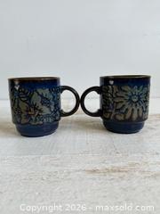 MaxSold Auction: Pair of Blue Glazed England Pottery Stacking Mugs with Flower Design  - Kingston (Ontario, Canada) SELLER MANAGED Downsizing Online Auction - Bishop Street