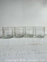 MaxSold Auction: Set of Four Lowball Ribbed Glasses with Flower Etched Bases - Clear Stacking Bar Glasses - Kingston (Ontario, Canada) SELLER MANAGED Downsizing Online Auction - Bishop Street