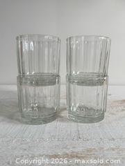 MaxSold Auction: Set of Four Lowball Ribbed Glasses with Flower Etched Bases - Clear Stacking Bar Glasses - Kingston (Ontario, Canada) SELLER MANAGED Downsizing Online Auction - Bishop Street