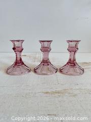 MaxSold Auction: Set of Three Clear Pink Glass Candle Holder Set  - Kingston (Ontario, Canada) SELLER MANAGED Downsizing Online Auction - Bishop Street