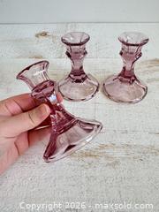 MaxSold Auction: Set of Three Clear Pink Glass Candle Holder Set  - Kingston (Ontario, Canada) SELLER MANAGED Downsizing Online Auction - Bishop Street