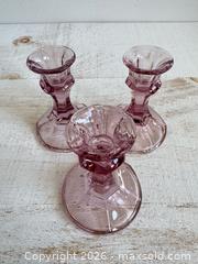 MaxSold Auction: Set of Three Clear Pink Glass Candle Holder Set  - Kingston (Ontario, Canada) SELLER MANAGED Downsizing Online Auction - Bishop Street