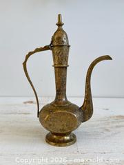 MaxSold Auction: Vintage Brass Etched Long Spout and Handle Kettle Vase  - Kingston (Ontario, Canada) SELLER MANAGED Downsizing Online Auction - Bishop Street