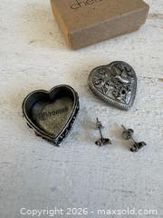MaxSold Auction: Vintage Pewter Torino Heart Shaped Box with Built in Brooch and Bird Earrings  - Kingston (Ontario, Canada) SELLER MANAGED Downsizing Online Auction - Bishop Street