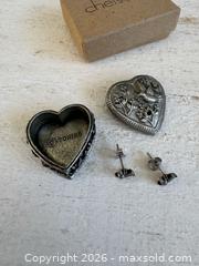 MaxSold Auction: Vintage Pewter Torino Heart Shaped Box with Built in Brooch and Bird Earrings  - Kingston (Ontario, Canada) SELLER MANAGED Downsizing Online Auction - Bishop Street