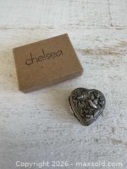 MaxSold Auction: Vintage Pewter Torino Heart Shaped Box with Built in Brooch and Bird Earrings  - Kingston (Ontario, Canada) SELLER MANAGED Downsizing Online Auction - Bishop Street
