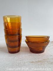 MaxSold Auction: Vintage Set of Four Orange Drinking Glasses and Two Bowls with Textured Design Made in France - Kingston (Ontario, Canada) SELLER MANAGED Downsizing Online Auction - Bishop Street