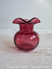 MaxSold Auction: Vintage Small Cranberry Glass Vase with Ruffle Neck and Handle  - Kingston (Ontario, Canada) SELLER MANAGED Downsizing Online Auction - Bishop Street