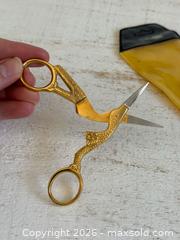 MaxSold Auction: Vintage Stork Shaped Craft Scissors - Gold Tone Bird Scissors  - Kingston (Ontario, Canada) SELLER MANAGED Downsizing Online Auction - Bishop Street