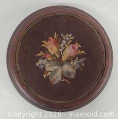 MaxSold Auction: Victorian Needlepoint Footstool with Round Wooden Base - Toronto (Ontario, Canada) PARTNER MANAGED Reseller Online Auction - Queen Street Wt.