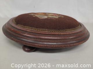 MaxSold Auction: Victorian Needlepoint Footstool with Round Wooden Base - Toronto (Ontario, Canada) PARTNER MANAGED Reseller Online Auction - Queen Street Wt.