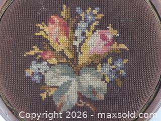 MaxSold Auction: Victorian Needlepoint Footstool with Round Wooden Base - Toronto (Ontario, Canada) PARTNER MANAGED Reseller Online Auction - Queen Street Wt.