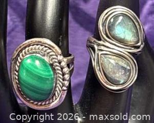 MaxSold Auction: 2X Sterling Silver .925  Rings Malachite / MoonStone - Idaho Springs (Colorado, USA) PARTNER MANAGED Estate Sale Online Auction - Idaho Street