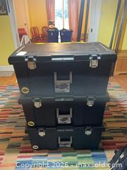 MaxSold Auction: Lot of Five Hard Plastic Storage Totes with Latch Locks and One Storage Bin  - Sparks Glencoe (Maryland, USA) PARTNER MANAGED Downsizing Online Auction - Sparks Station Road