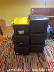 MaxSold Auction: Lot of Five Hard Plastic Storage Totes with Latch Locks and One Storage Bin  - Sparks Glencoe (Maryland, USA) PARTNER MANAGED Downsizing Online Auction - Sparks Station Road