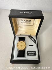 MaxSold Auction: Bulova Dress Watch - Gold Tone Case, Black Leather Band - San Jose (California, USA) SELLER MANAGED Downsizing Online Auction - East Humboldt Street