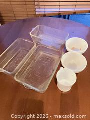 MaxSold Auction: Fire-King Bakeware: Milk Glass Mug & Bowls with Clear Loaf Pans - Coquitlam (British Columbia, Canada) SELLER MANAGED Reseller Online Auction - Robson Drive