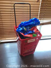 MaxSold Auction: Red Plastic Rolling Shopping Basket with Telescoping Handle - Coquitlam (British Columbia, Canada) SELLER MANAGED Reseller Online Auction - Robson Drive